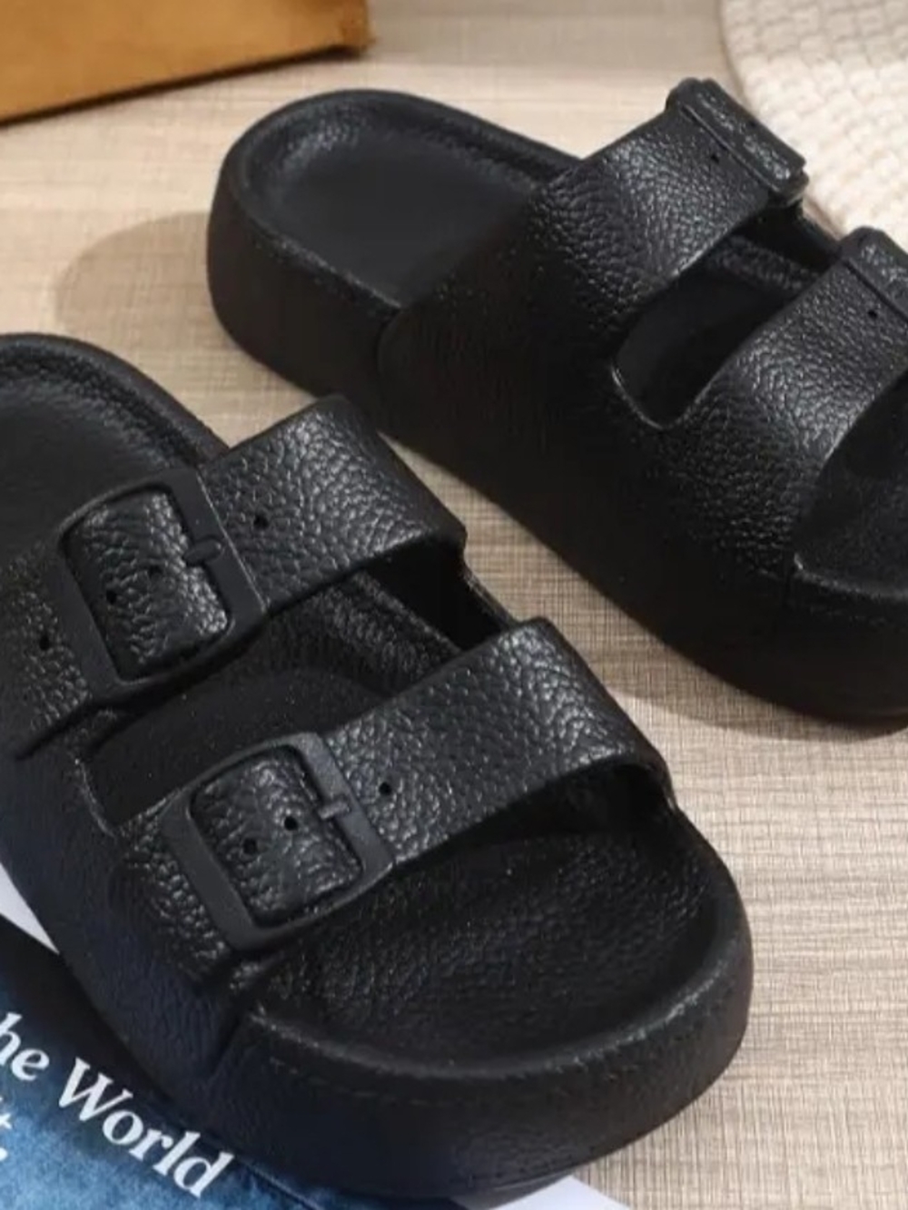 Black Kids Double-Buckle Slide Sandals